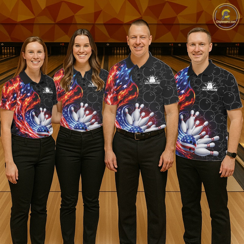Custom Flaming US Flag Patriotic Bowling Team Multi Styles Shirt, Freedom Bowling League Shirt Bowlingg Jersey IPHW10425