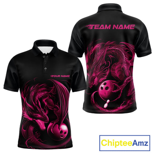 Custom Black And Pink Dragon Bowling Shirts, Bowling League Shirt Dragon Men Jersey IPHW10703