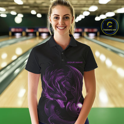 Custom Black And Purple Dragon Bowling Shirts, Bowling League Shirt Dragon Women Jersey IPHW10704