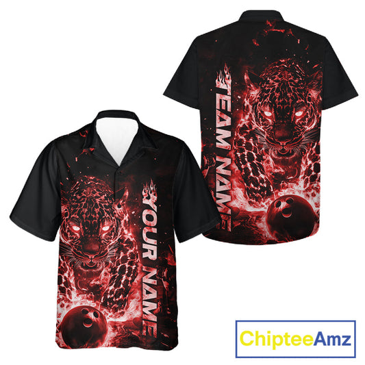 Custom Red Flaming Leopard Bowling Shirts For Men And Women, Fire Bowling Team Shirt Bowler Uniform IPHW10712
