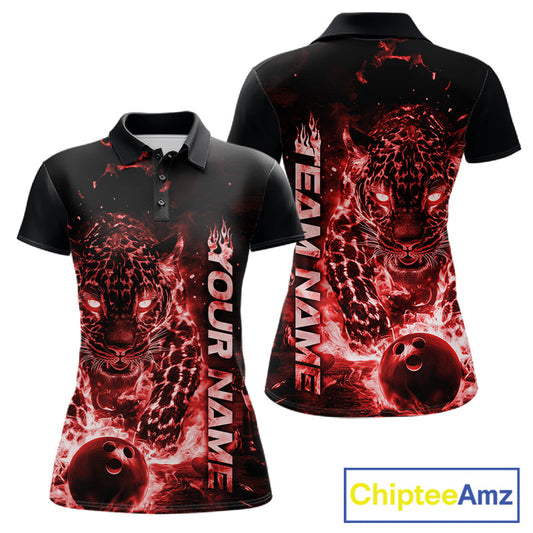 Custom Red Flaming Leopard Bowling Shirts For Women, Fire Bowling Team Shirt Bowler Uniform IPHW10712