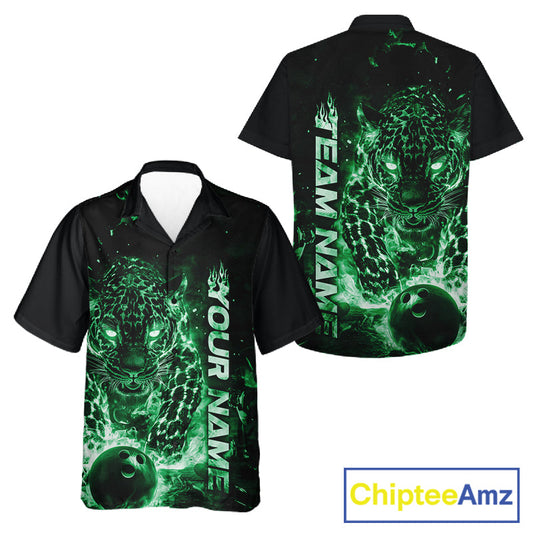 Custom Green Flaming Leopard Men And Women Bowling Shirts, Fire Bowling Team Shirt Bowler Uniform IPHW10715