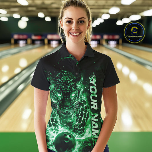 Custom Green Flaming Leopard Women Bowling Shirts, Fire Bowling Team Shirt Bowler Uniform IPHW10715