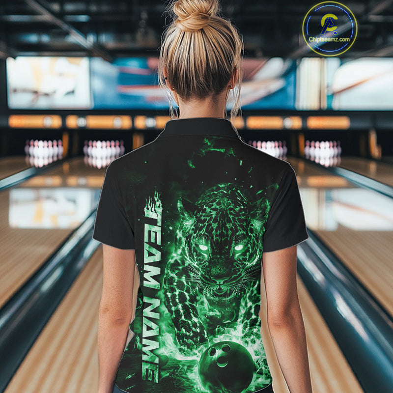 Custom Green Flaming Leopard Women Bowling Shirts, Fire Bowling Team Shirt Bowler Uniform IPHW10715