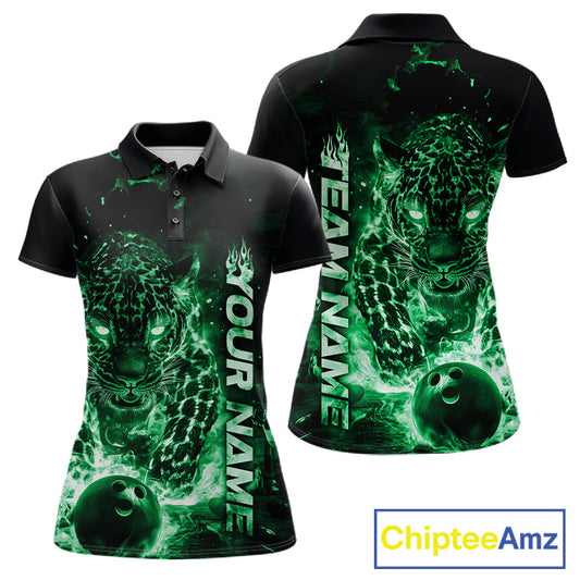 Custom Green Flaming Leopard Women Bowling Shirts, Fire Bowling Team Shirt Bowler Uniform IPHW10715