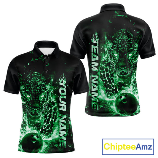 Custom Green Flaming Leopard Men Bowling Shirts, Fire Bowling Team Shirt Bowler Uniform IPHW10715