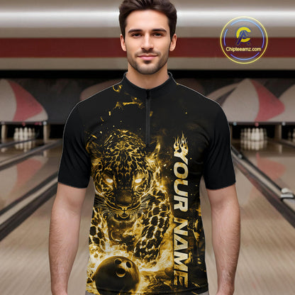 Custom Yellow Flaming Leopard Men Bowling Shirts, Fire Bowling Team Shirt Bowler Uniform IPHW10716