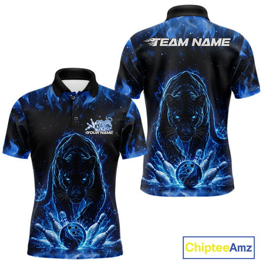 Front and back view of a mens black polo shirt mockup showcasing a glowing blue electric panther with bowling ball crashing through pins energetic design.