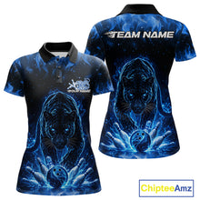 Load image into Gallery viewer, Front and back view of a womens black polo shirt mockup featuring a glowing blue electric panther and bowling ball crashing through pins illustration.