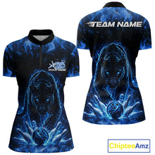 Load image into Gallery viewer, Custom Black And Blue Flame Leopard Bowling Women Shirt, Bowling League Team Shirt IPHW11253
