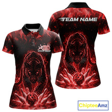 Load image into Gallery viewer, Front and back view of a womens black polo shirt mockup showcasing a glowing red electric panther and bowling ball striking pins dynamic artwork.