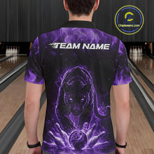 Load image into Gallery viewer, Custom Black And Purple Flame Leopard Bowling Men Polo Shirt, Bowling League Team Shirt IPHW11255