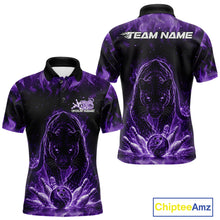 Load image into Gallery viewer, Custom Black And Purple Flame Leopard Bowling Men Polo Shirt, Bowling League Team Shirt IPHW11255