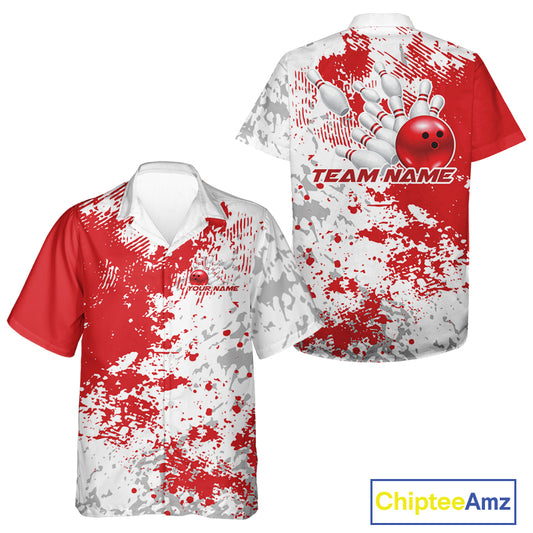 Front and back view of a button-up bowling shirt mockup featuring a red and white splatter background with dynamic athletic bowling styling.