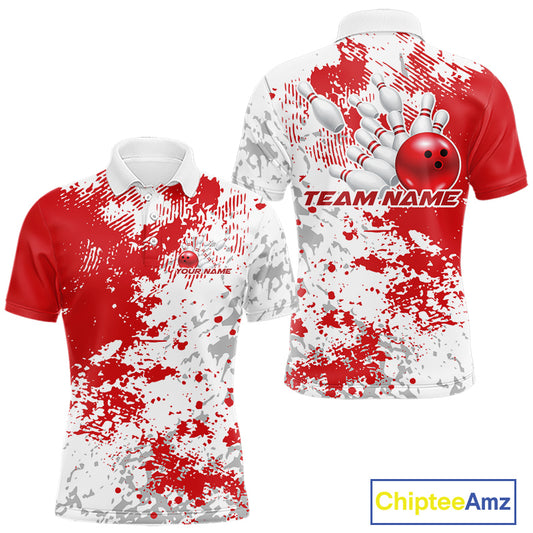 Front and back view of a mens bowling polo shirt mockup featuring red and white splatter background with bold athletic bowling styling.