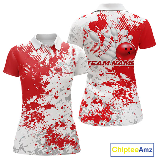 Womens polo shirt mockup front and back, white shirt with red and white splatter background, clean apparel presentation