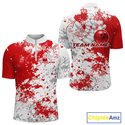 Mens quarter zip bowling shirt mockup showcasing red and white splatter background in a clean front and back view athletic design
