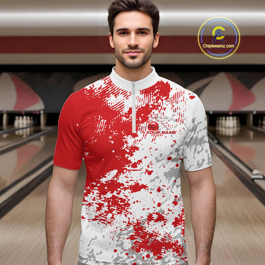 Male model in a bowling lane wearing red and white quarter zip shirt, front view featuring abstract splatter pattern with sporty modern styling