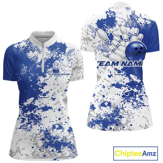 Front and back view of a womens bowling quarter-zip shirt mockup featuring a blue and white splatter background with clean modern sportswear styling.