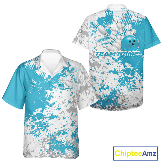 Front and back view of a white button-up bowling shirt mockup featuring teal blue and white splatter background with dynamic sportswear aesthetics.