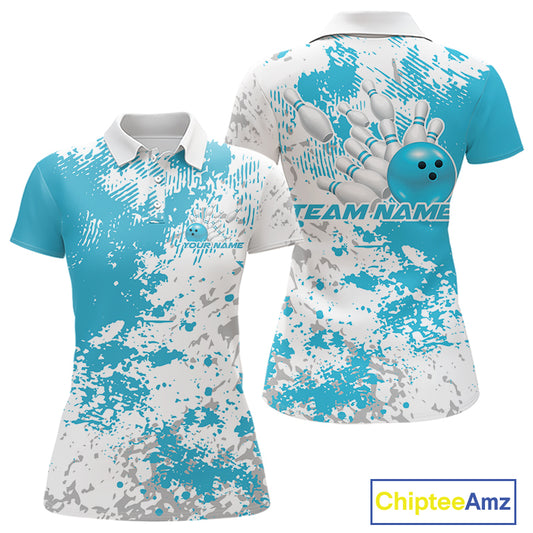 Womens polo shirt mockup front and back, white shirt with teal blue and white splatter background, clean modern apparel presentation