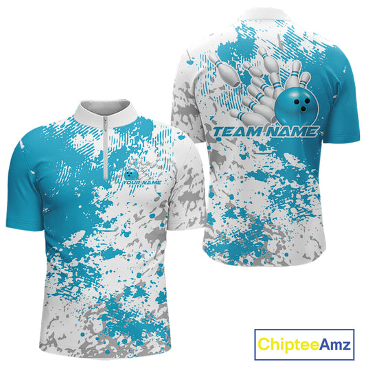 Mens quarter zip bowling shirt mockup featuring teal blue and white splatter background in a bold abstract sportswear design