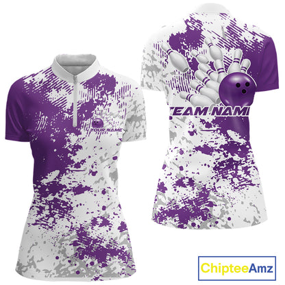 Front and back view of a womens bowling quarter-zip shirt mockup showcasing a purple and white splatter background with energetic bowling-themed design accents.