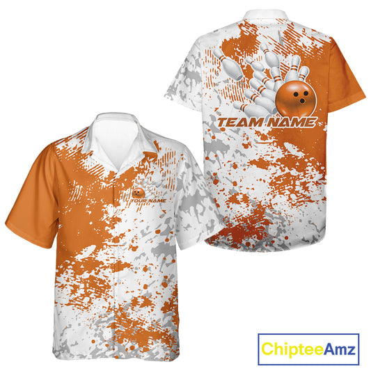 Front and back view of a white button-up bowling shirt mockup featuring orange and white splatter background with modern athletic bowling styling.