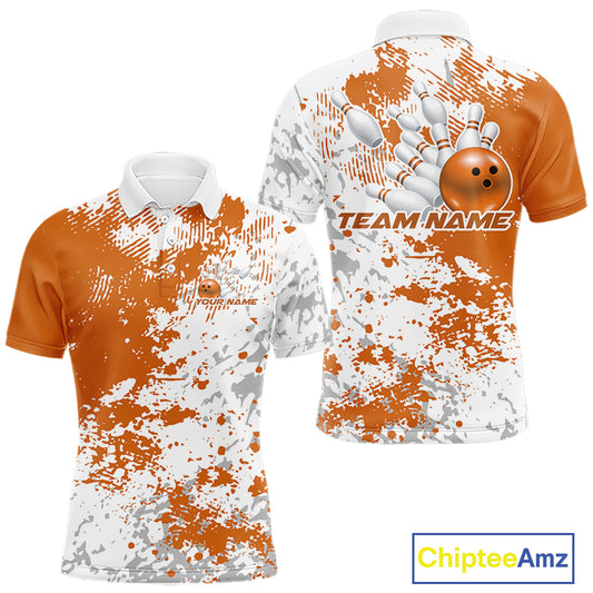 Front and back view of a mens bowling polo shirt mockup featuring orange and white splatter background with modern sporty styling.