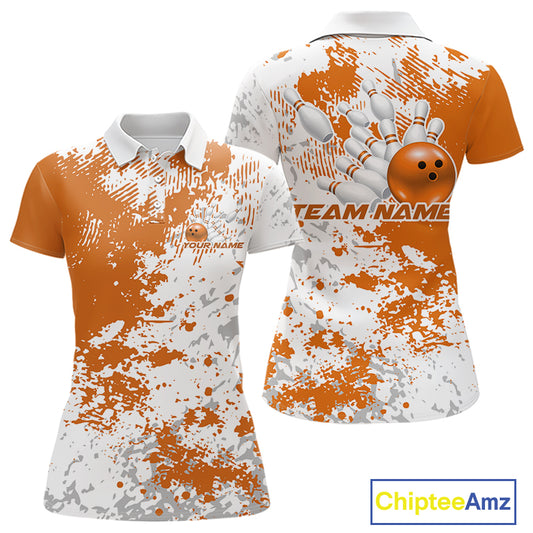 Womens polo shirt mockup front and back, white shirt with orange and white splatter background, clean apparel display