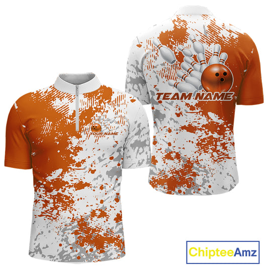 Mens quarter zip bowling shirt mockup displaying orange and white splatter background in a clean abstract bowling apparel design
