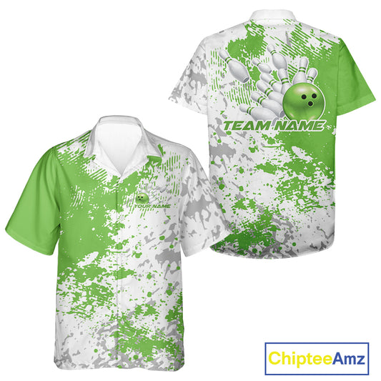 Front and back view of a white button-up bowling shirt mockup featuring green and white splatter background with clean minimal sporty design.