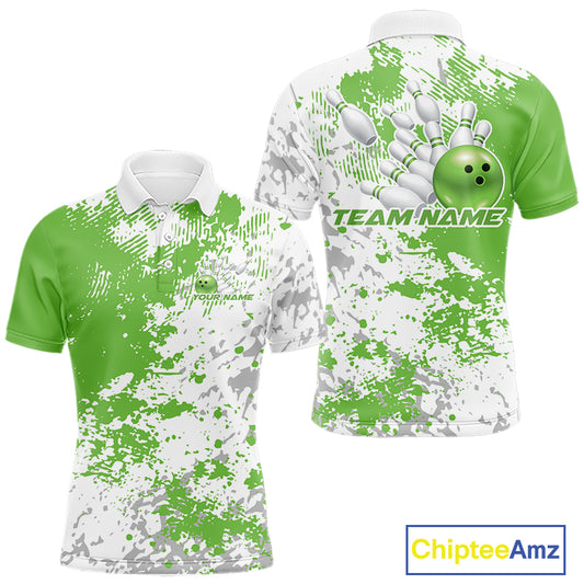 Front and back view of a mens bowling polo shirt mockup featuring green and white splatter background with clean sporty bowling-inspired graphics.
