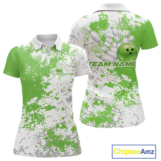Womens polo shirt mockup front and back, white shirt featuring green and white splatter background in clean apparel presentation