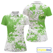 Load image into Gallery viewer, Womens polo shirt mockup front and back, white shirt featuring green and white splatter background in clean apparel presentation