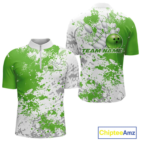 Mens quarter zip bowling shirt mockup featuring green and white splatter background in a bold abstract sportswear design