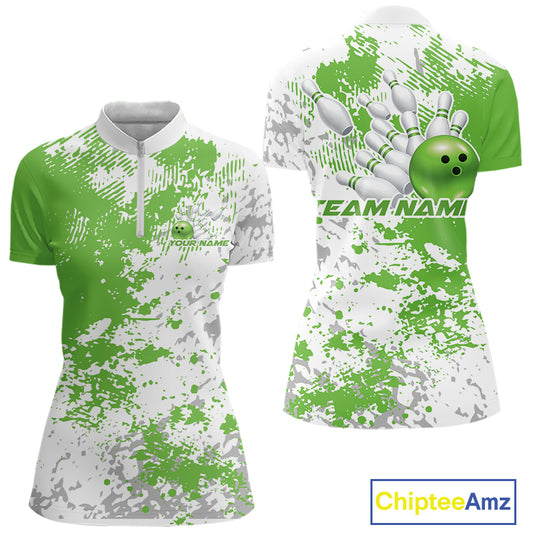 Front and back view of a womens bowling quarter-zip shirt mockup featuring green and white splatter background with clean sporty bowling-inspired graphics.