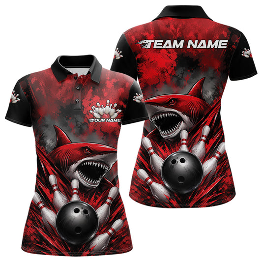 Red and black bowling-themed polo shirt with shark design on a white background