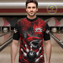 Load image into Gallery viewer, Man wearing a red and black bowling shirt with a shark design in a bowling alley.