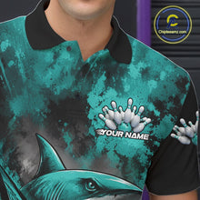 Load image into Gallery viewer, Teal and black polo shirt with shark design and 'Your Name' text, brand logo visible