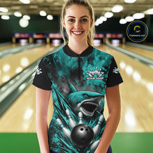 Load image into Gallery viewer, Custom Black And Turquoise Blue Shark Bowling Jerseys Team Quarter-Zip Shirt For Women IPHW11462