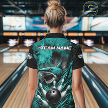 Load image into Gallery viewer, Custom Black And Turquoise Blue Shark Bowling Jerseys Team Quarter-Zip Shirt For Women IPHW11462