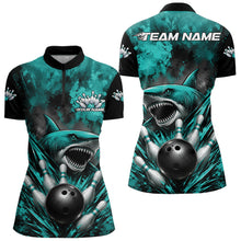 Load image into Gallery viewer, Custom Black And Turquoise Blue Shark Bowling Jerseys Team Quarter-Zip Shirt For Women IPHW11462