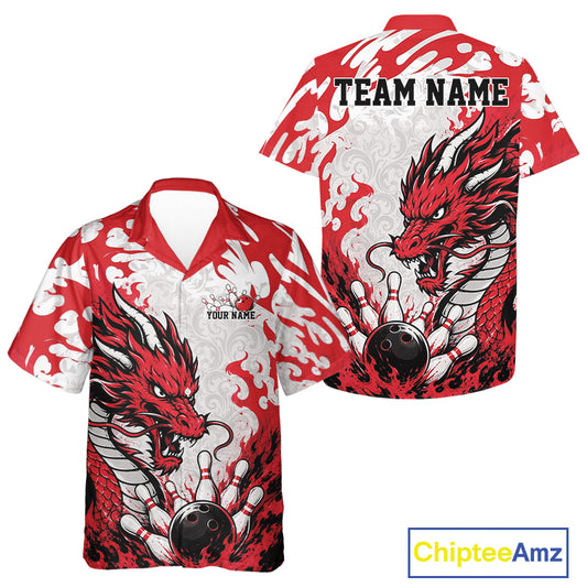 Red and white bowling shirt with dragon design and customizable text, featuring Chiptee Amz branding.