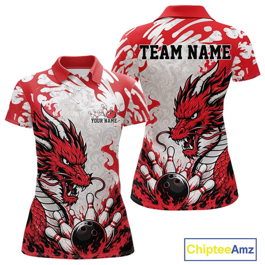 Red and white polo shirt with dragon design on a white background, featuring 'Chiptee Amz' branding.