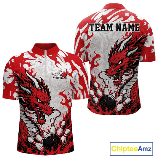 Red and white bowling shirt with dragon design on a white background