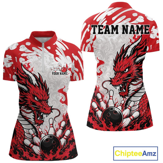 Red and white bowling jersey with dragon design and customizable text on a white background