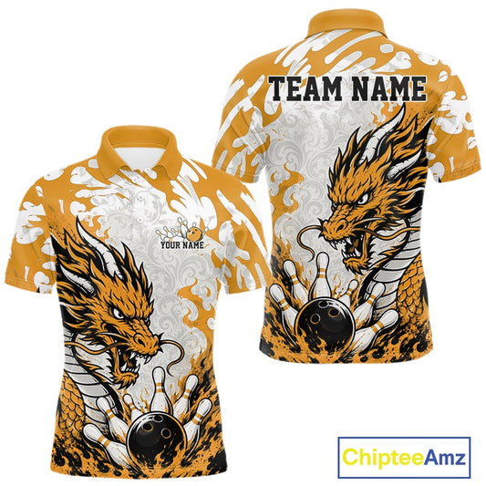 Dragon-themed bowling shirt with customizable text on a white background