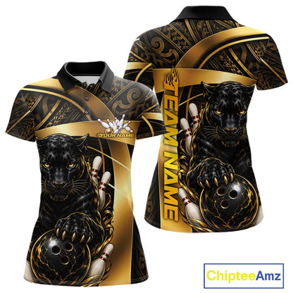 Custom bowling-themed polo shirt shown from both front and back views. The design features a black panther holding a bowling ball with bowling pins, set against a gold tribal pattern background.