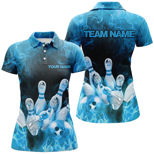 Custom Fire Strike Bowling Shirts For Women, Blue Flame Bowling League Shirts Bowling Team IPHW7119